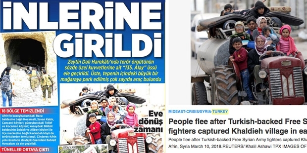Bir fotoğraf, iki yorum; Milliyet: Afrin'de eve dönüş zamanı Reuters: Siviller köyden ayrılıyor