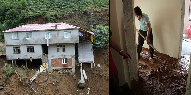 Rize'de sel; 1 ev çöktü, 22 ev boşaltıldı, 30 kadar köy ve mahalle yolu heyelan nedeniyle ulaşıma kapandı