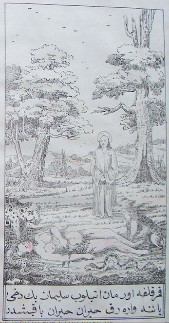 “As Kamer Kalfa lies abandoned in the woods, Süleyman Bey rushes to her side and gazes on her in astonishment.” Hançerli Hikâye-i Garîbesi (Istanbul: Matbaa-i Ceride-i Havadis, h. 1268) Many Ottoman books from the nineteenth century included such depictions of nudity.