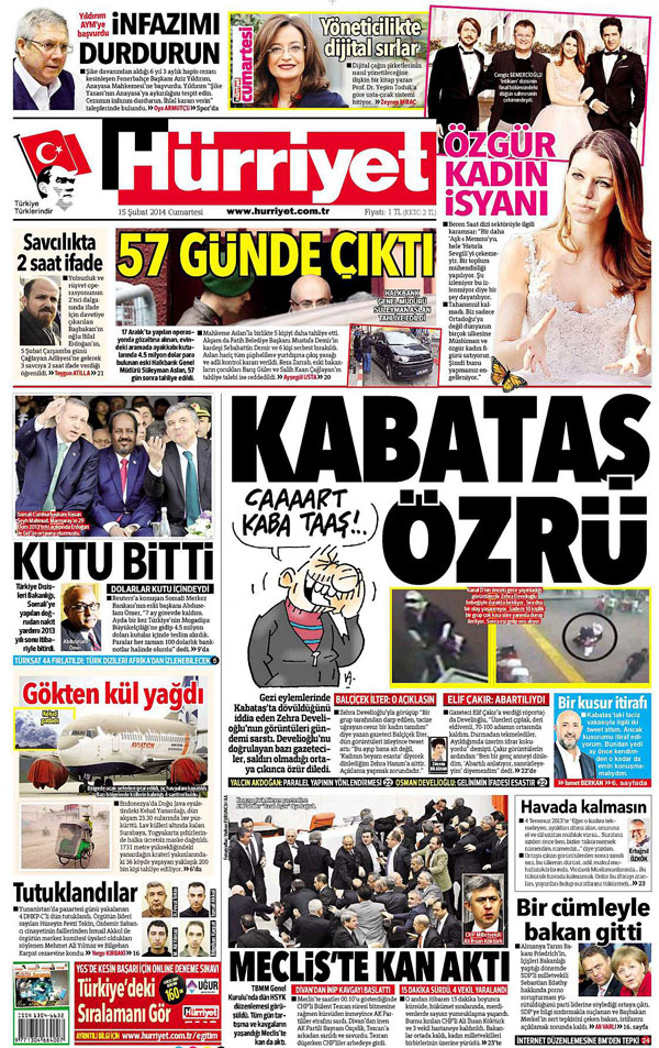Kanal D'nin kamera kayıtlarını yayınlamasının ardından Hürriyet'in Kabataş Özrü manşeti