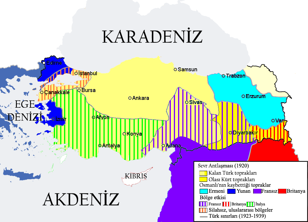 Sevr Antlaşmasına göre Osmanlı İmparatorluğu'nun paylaşılması