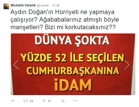 Mustafa Varan, hurriyet.com.tr'de yer alan manşeti  Twitter'dan paylaştı.