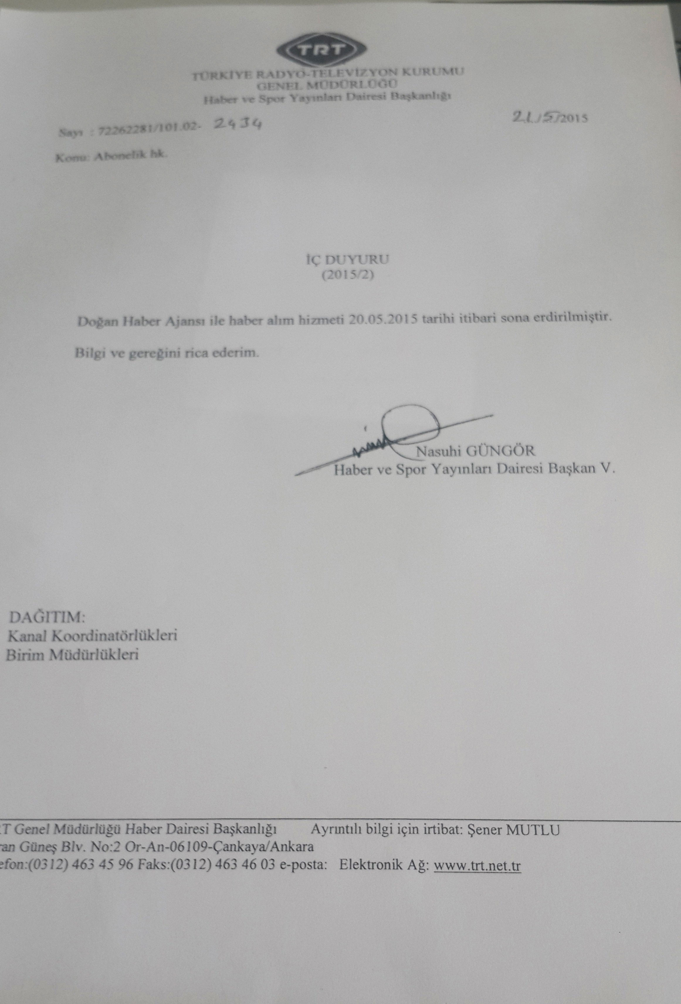 TRT'nin DHA ile olan sözleşmesini iptal ettiğini gösteren belge