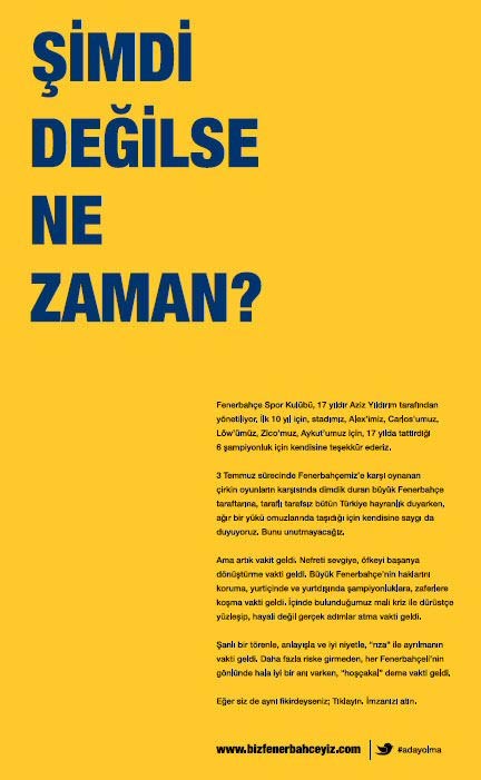 Aziz Yıldırım'ı istifaya davet eden tam sayfa ilan (Kaynak: www.bizfenerbahceyiz.com)