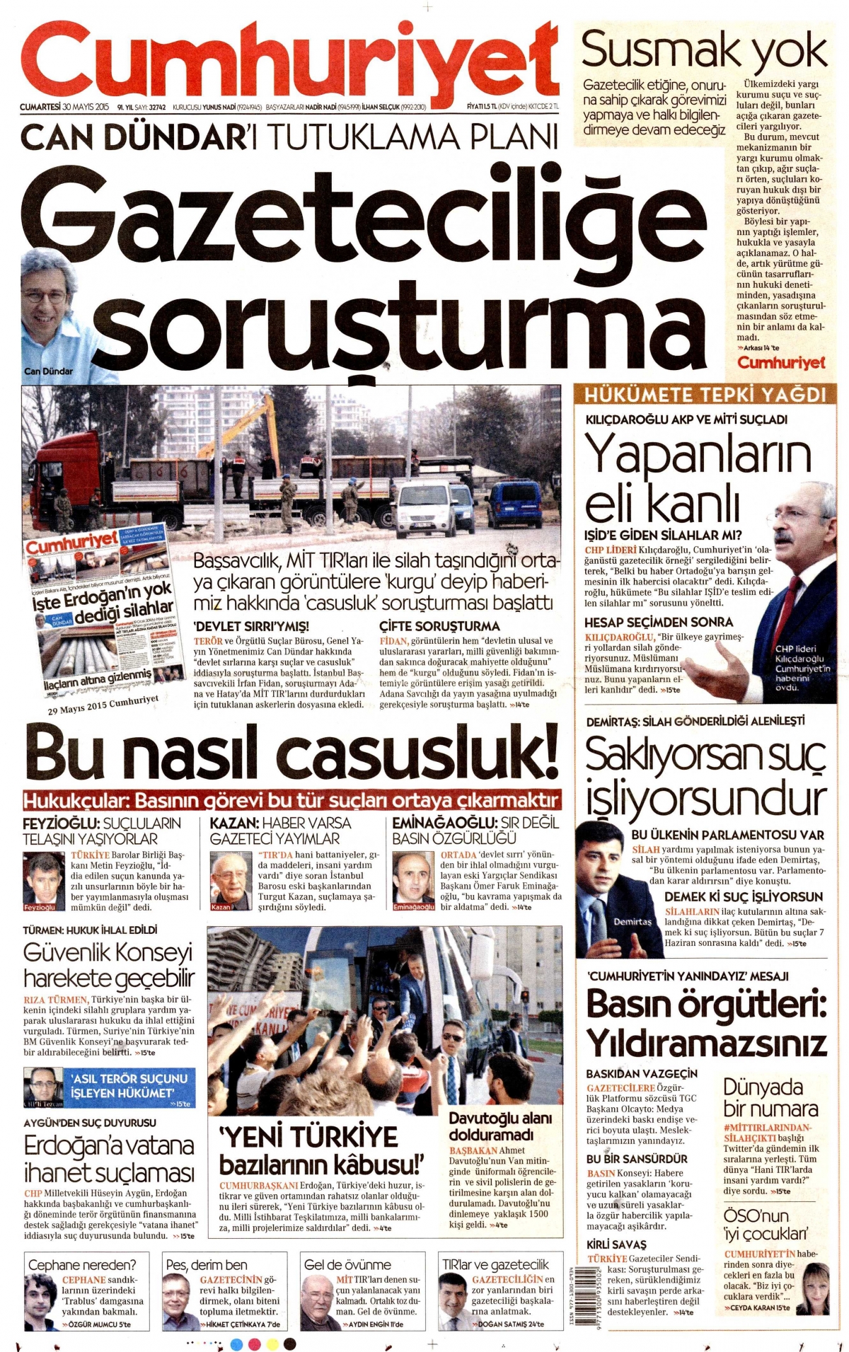 Cumhuriyet'in 30 Mayıs tarihli birinci sayfası.