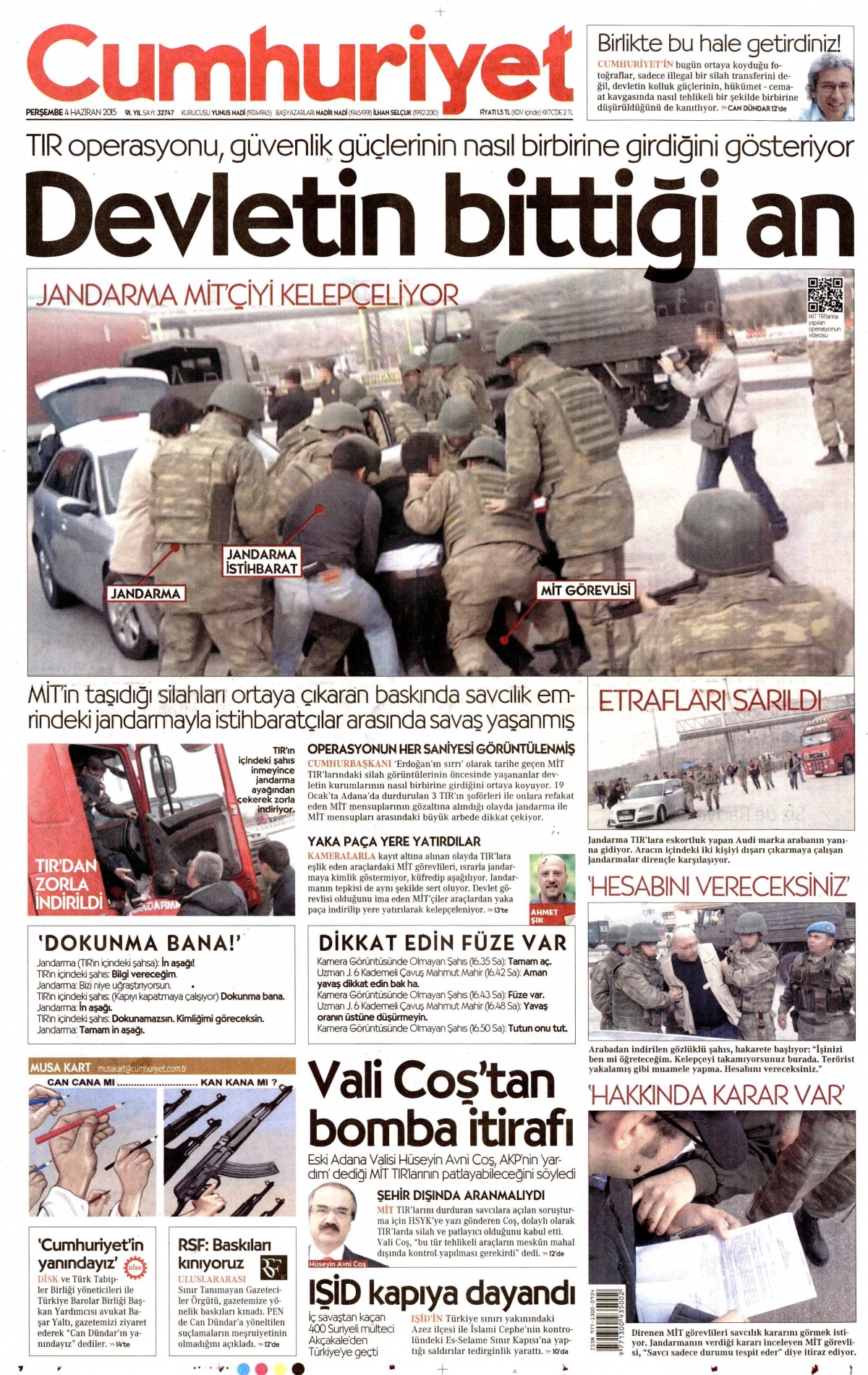 Cumhuriyet'in bugünkü (4 Haziran 2015) birinci sayfası