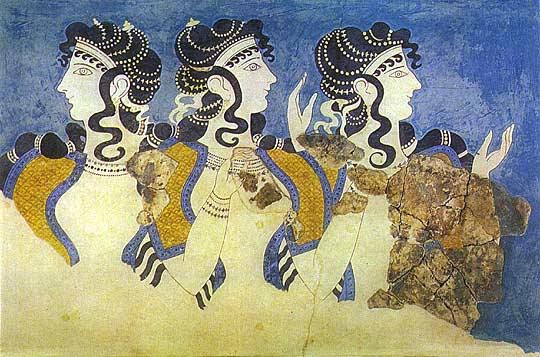 Mavili Kadınlar, restore edilmiş duvar freski, Knosos Sarayı, Girit M.Ö. 1,500