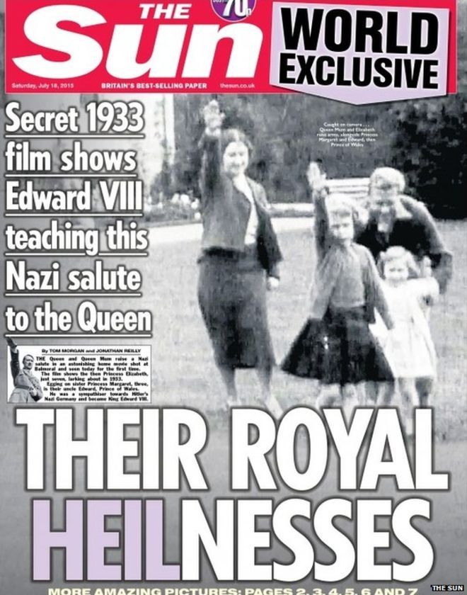 The Sun'ın manşetten verdiği habere göre; 1933 tarihli gizli videoda Kral VIII. Edward, Kraliçe Elizabeth'e Nazi selamı yapmayı öğretiyor.
