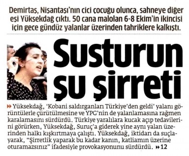 Star'ın 29 Haziran 2015 tarihli birinci sayfasında Figen Yüksekdağ'a yönelik hakaret içeren haber.
