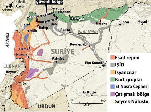 Tahmini güvenli bölgeyi gösteren güncel Suriye haritası