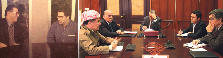 1992'de Şaklava'da Talabani ile birlikte (solda)... Mesut Barzani ile görüşme (sağda)