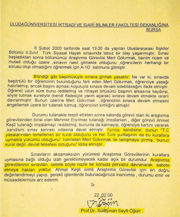 Prof. Öğün'ün Uludağ Üniversitesi'nde görev yaptığı sırada fakülte dekanlığına gönderdiği dilekçe