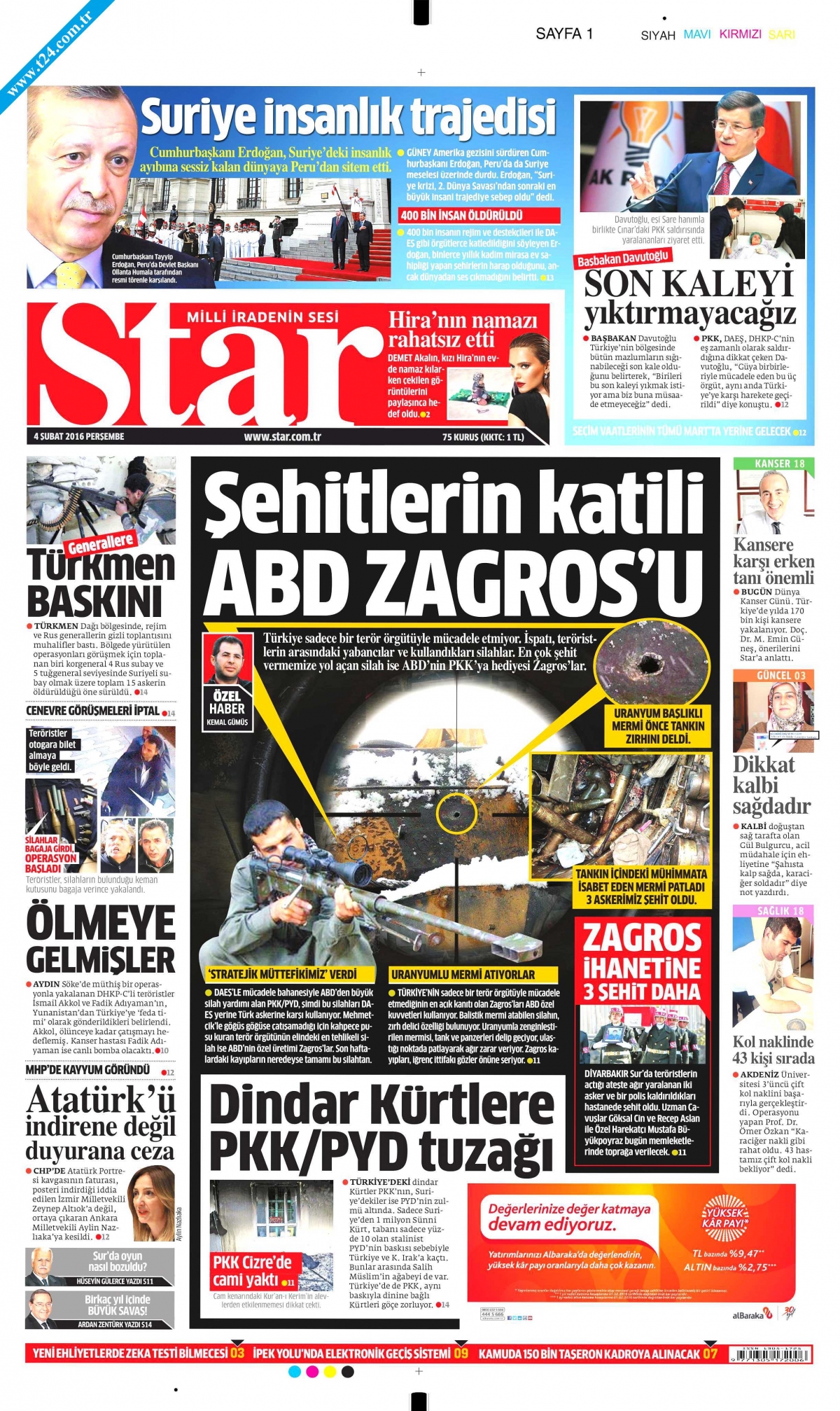 Star'ın 4 Şubat 2016 tarihli birinci sayfası