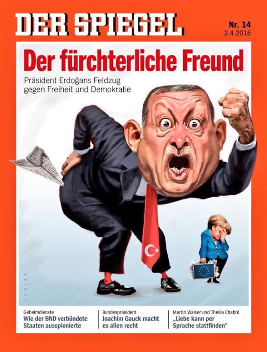 Haftalık Alman dergisi Der Spiegel, Cumhurbaşkanı Erdoğan ve Almanya Başbakanı Merkel'i kapağına taşıdığı son sayısında, “Korkunç dost: Erdoğan, özgürlük ve demokrasiye karşı savaşıyor” ifadesini kullandı