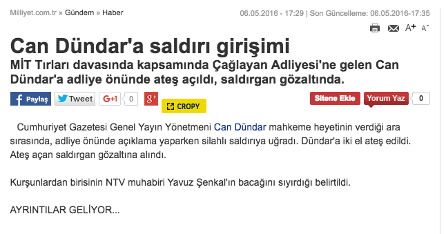 Can Dündar'a saldırı haberinin Milliyet.com.tr'de yayımlanan hali