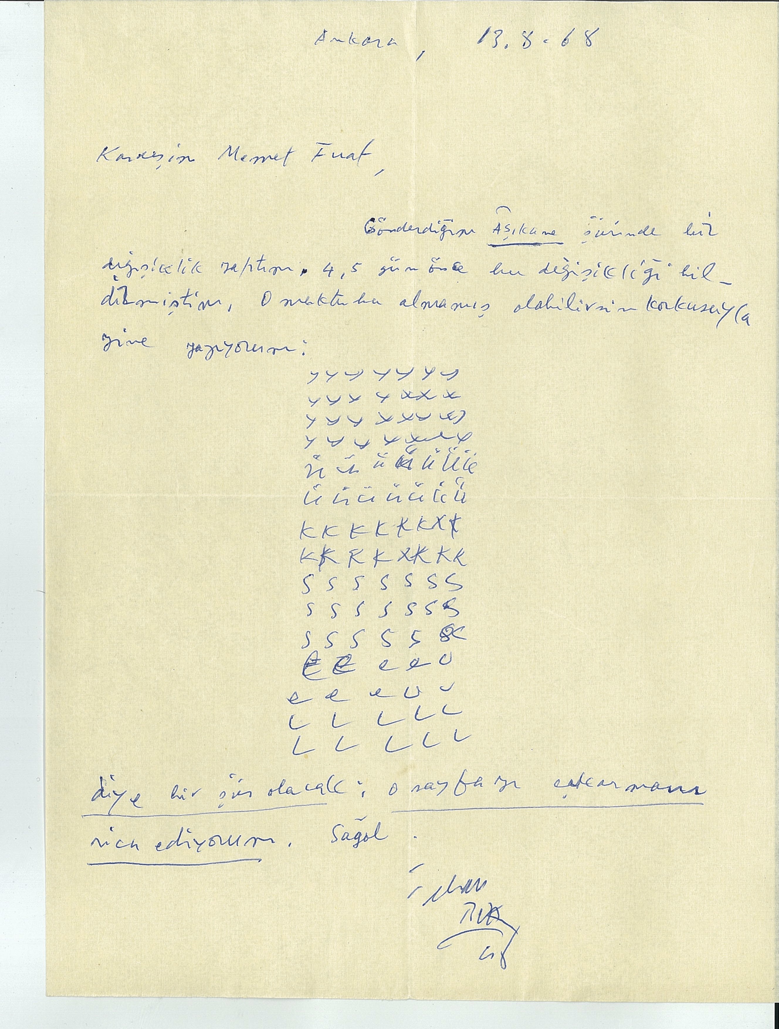 İlhan Berk’ten Memet Fuat’a 13.8.1968 tarihli mektup