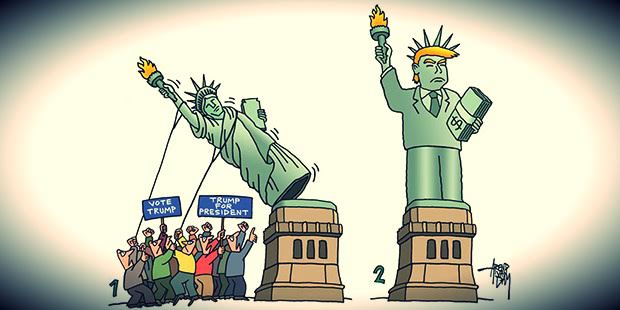 Trump'ın ABD Başkanı seçilmesi, içinde Amerikan demokrasisinin sembolü olan Özgürlük Heykeli'nin de yer aldığı birçok karikatürle hicvedildi (Karikatür: Arend van Dam)
