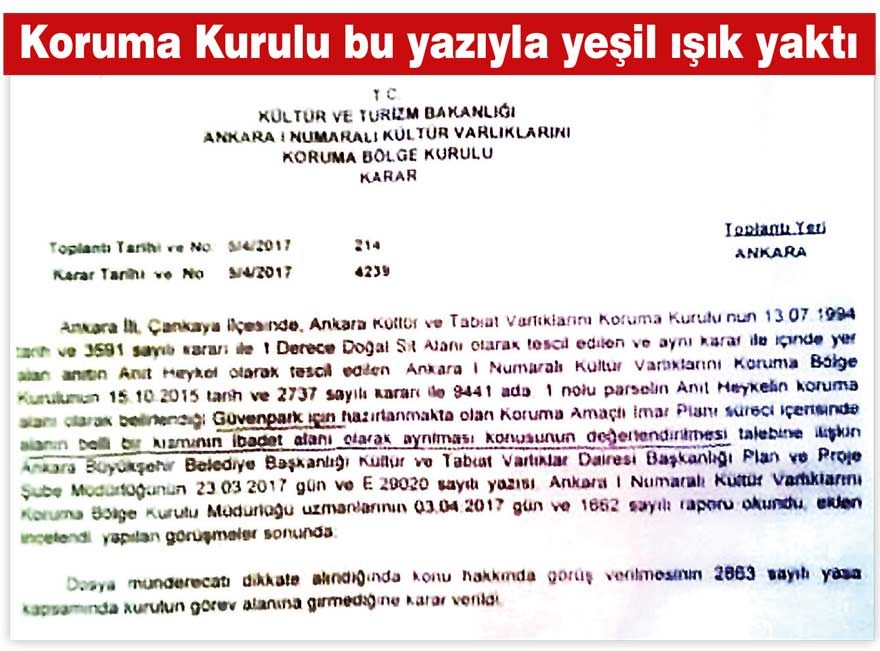 AKP'li Ankara Büşükşehir Belediyesi, Güvenpark'a cami projesi için Ankara Kültür ve Tabiat Varlıklarını Koruma Kurulu'na başvurdu. Kurul, ‘proje bizi bağlamaz' diyerek topu belediyeye attı.