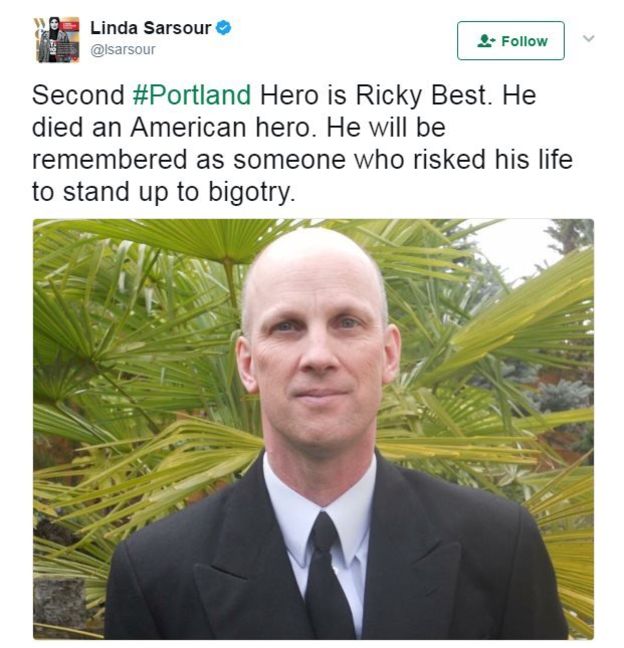 'İkinci Portland kahramanı Ricky Best. Amerikalı bir kahraman olarak öldü. Bağnazlığa karşı koyarken hayatını kaybeden bir kahraman olarak hatırlanacak.'