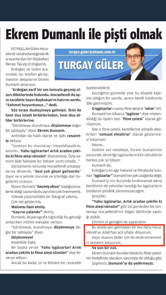 Güler'in, sosyal medyada 'Fethullah Gülen'den hayır duası istediği' bölümü çerçeve içine alınarak paylaşılan yazısı