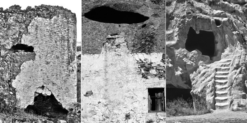 Soldan sağa: Kayaköy: Karmylassos’ta (Kayaköy) metruk binlerce yapıdan birinin kör bakışı. (2016), Sandıma: Bodrum Yalıkavak’ın terk edilmiş köyü Sandıma’da bir evin kör bakışı, hemen arkasındaki kayaların oyuğundan daha büyük bir başka kör bakış. (2009), Sinasos: Kapadokya’da bir kaya mezarın merdivenleri ve “bakış”ı (2006)