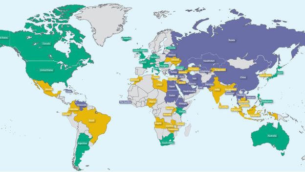Mor renk, 'internetin özgür olmadığı' ülkeleri, yeşil ise 'özgür olan ülkeleri temsil ediyor. Sarı renkli ülkeler, 'kısmi özgür' olarak tanımlanıyor.