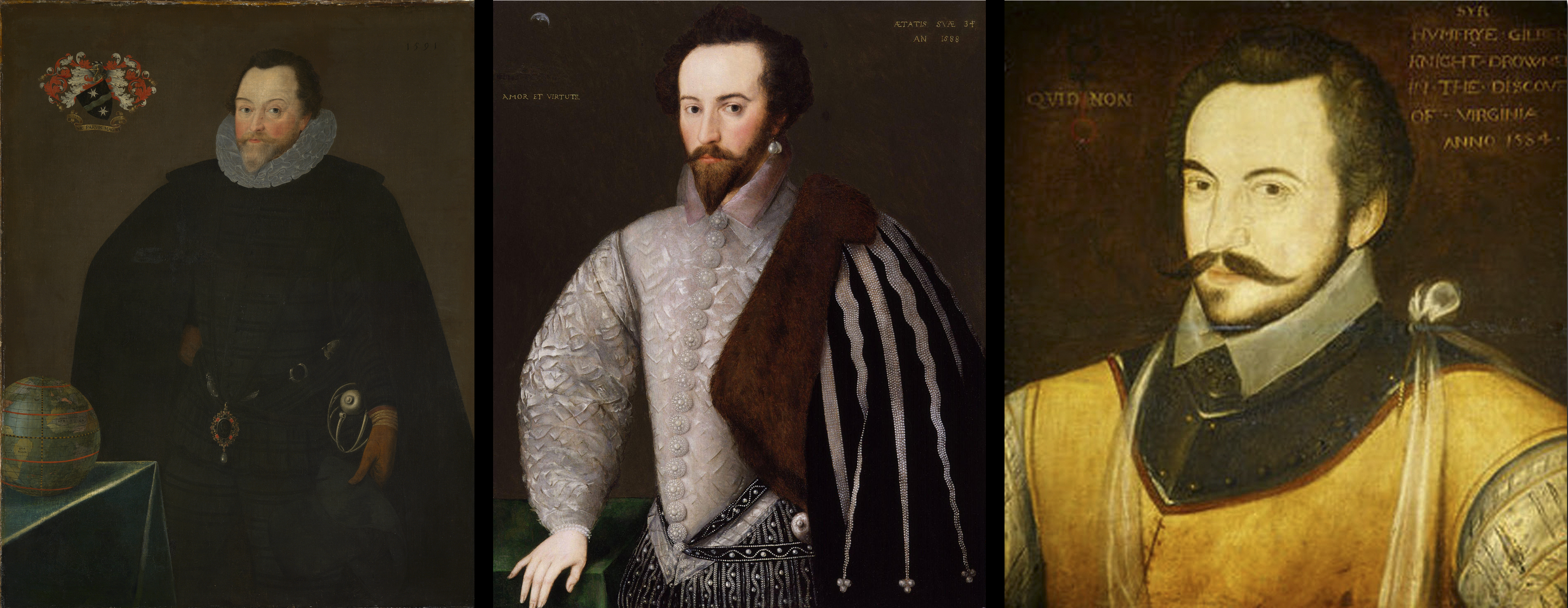 Her biri varlıklı bir İngiliz ailesinin ikinci oğlu olan üç büyük kâşif: soldan sağa Sir Francis Drake (1540 civarı–1596), Sir Walter Raleigh (1554 civarı–1618) ve Sir Humphrey Gilbert (1539 civarı–1583)
