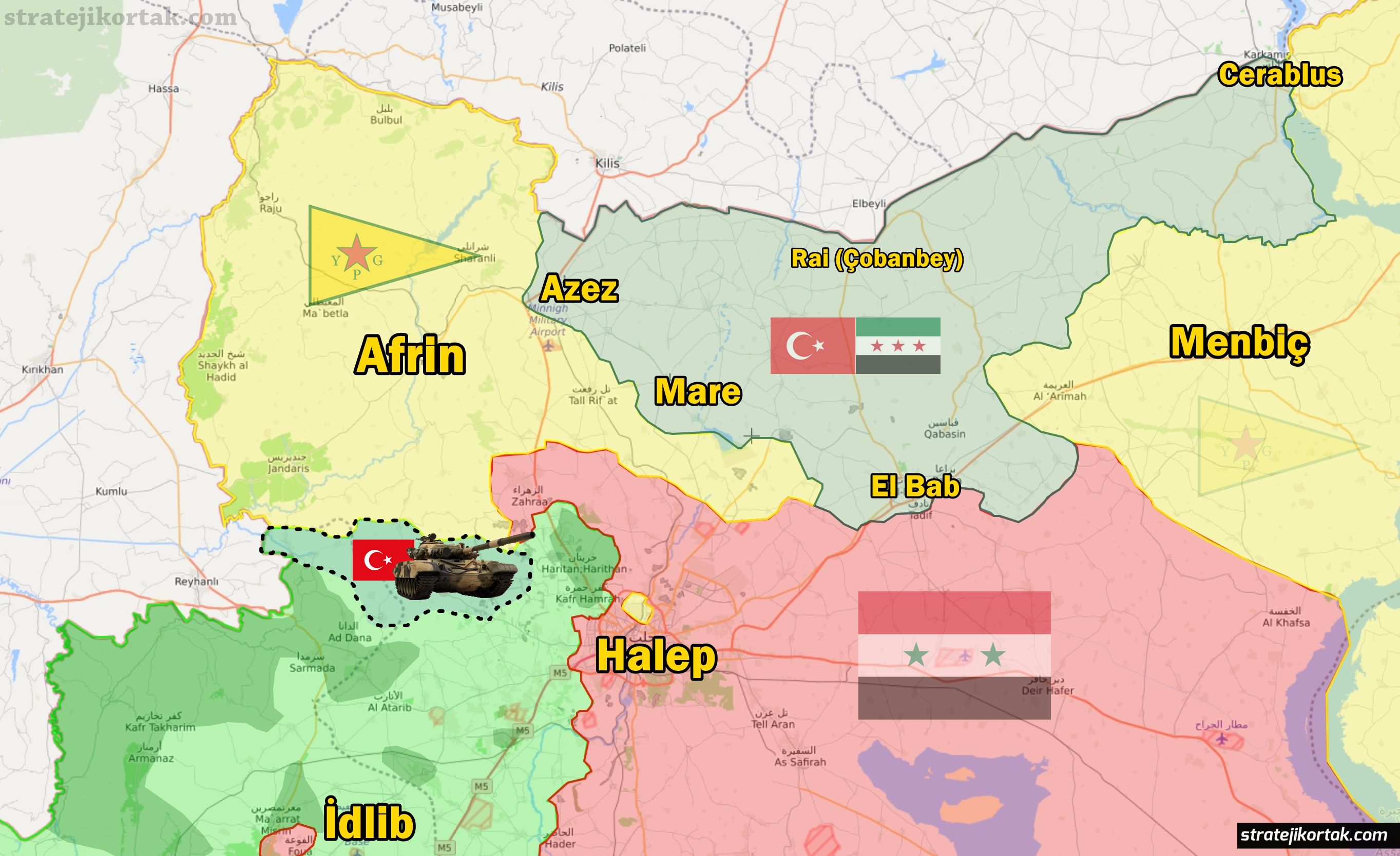 Stratejik Ortak sitesinde yayınlanan 15 Ocak 2018 tarihli 'Suriye'de son durum' haritası