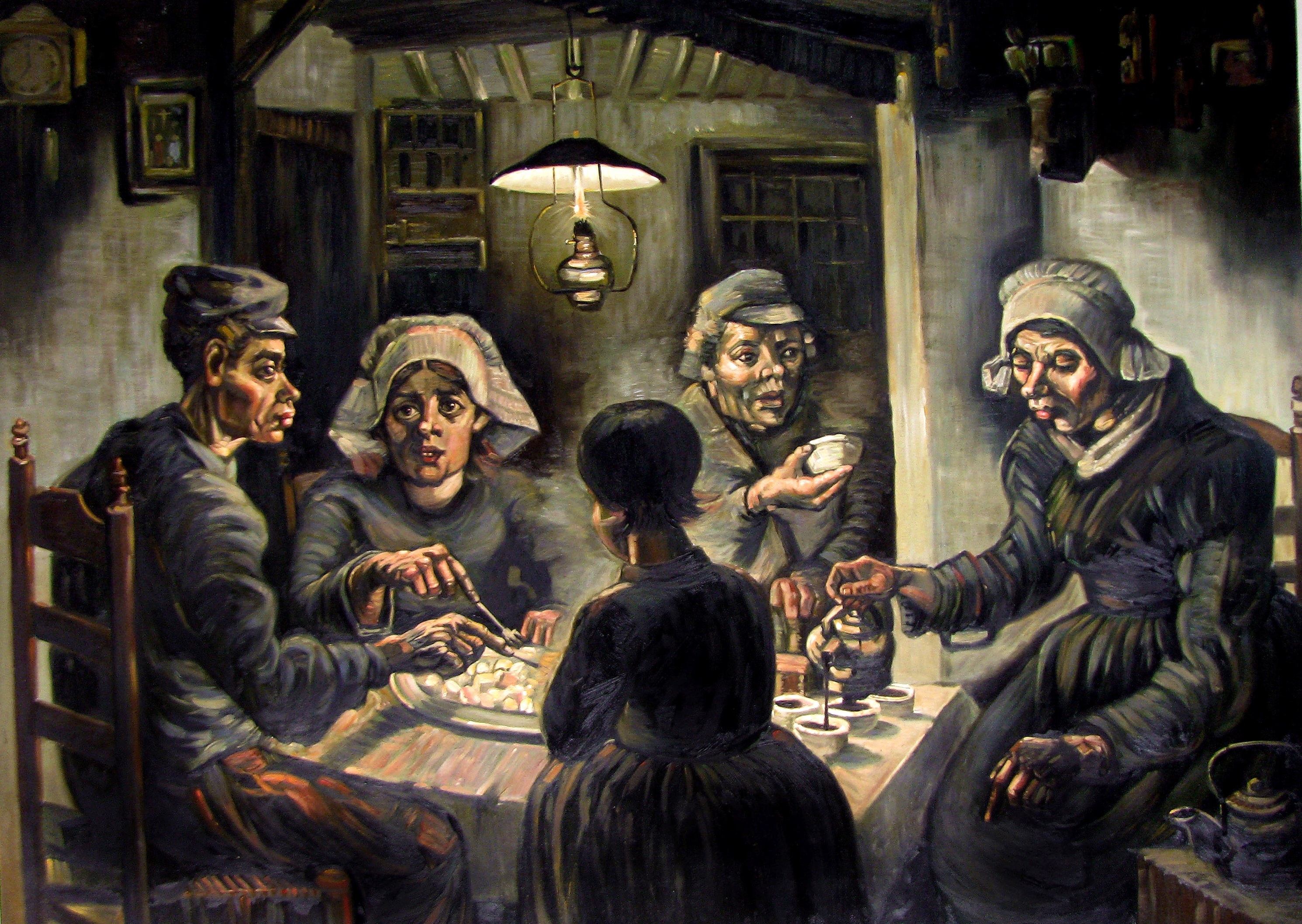 Van Gogh, Patates Yiyenler tablosunda, topraği işledikleri elleriyle kendi yetiştirdiği patatesi yiyen sıradan insanların dünyasına ortak eder.