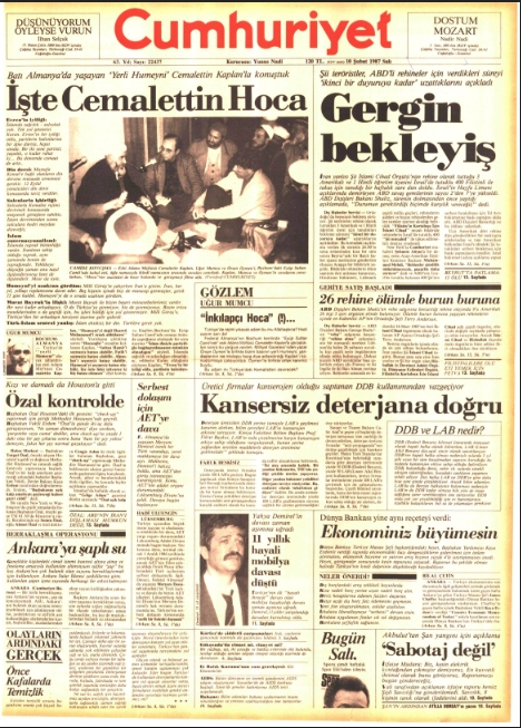 Cumhuriyet'in 10 Şubat 1987 tarihli birinci sayfası
