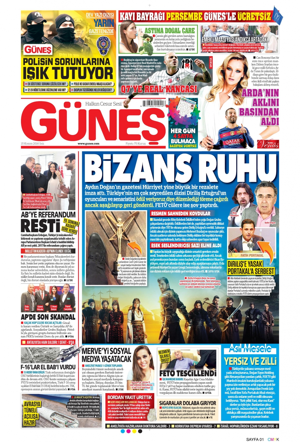 Güneş gazetesinin 15 Kasım 2016 tarihli nüshasının birinci sayfası