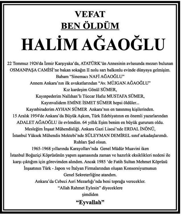Halim Ağaoğlu'nun ölüm ilanı