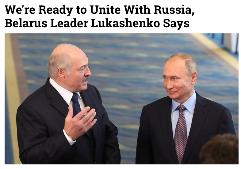  MOSCOW TIMES | BEYAZ RUSYA LİDERİ LUKASHENKO: RUSYA İLE BİRLEŞMEYE HAZIRIZ - Belarus başkanı, Rusya Devlet Başkanı Vladimir Putin ile gerçekleştirdiği görüşmelerin üçüncü gününde iki ülkenin birleşebileceğini belirtti. “Yarın birleşebiliriz” diyen Lukashenko ekledi: “Ama Ruslar ve Beyaz Rusyalılar buna hazır mı?” dedi. Bazı medya organları Rusya’nın Beyaz Rusya’yı ilhak edeceğini öne sürmüştü. 