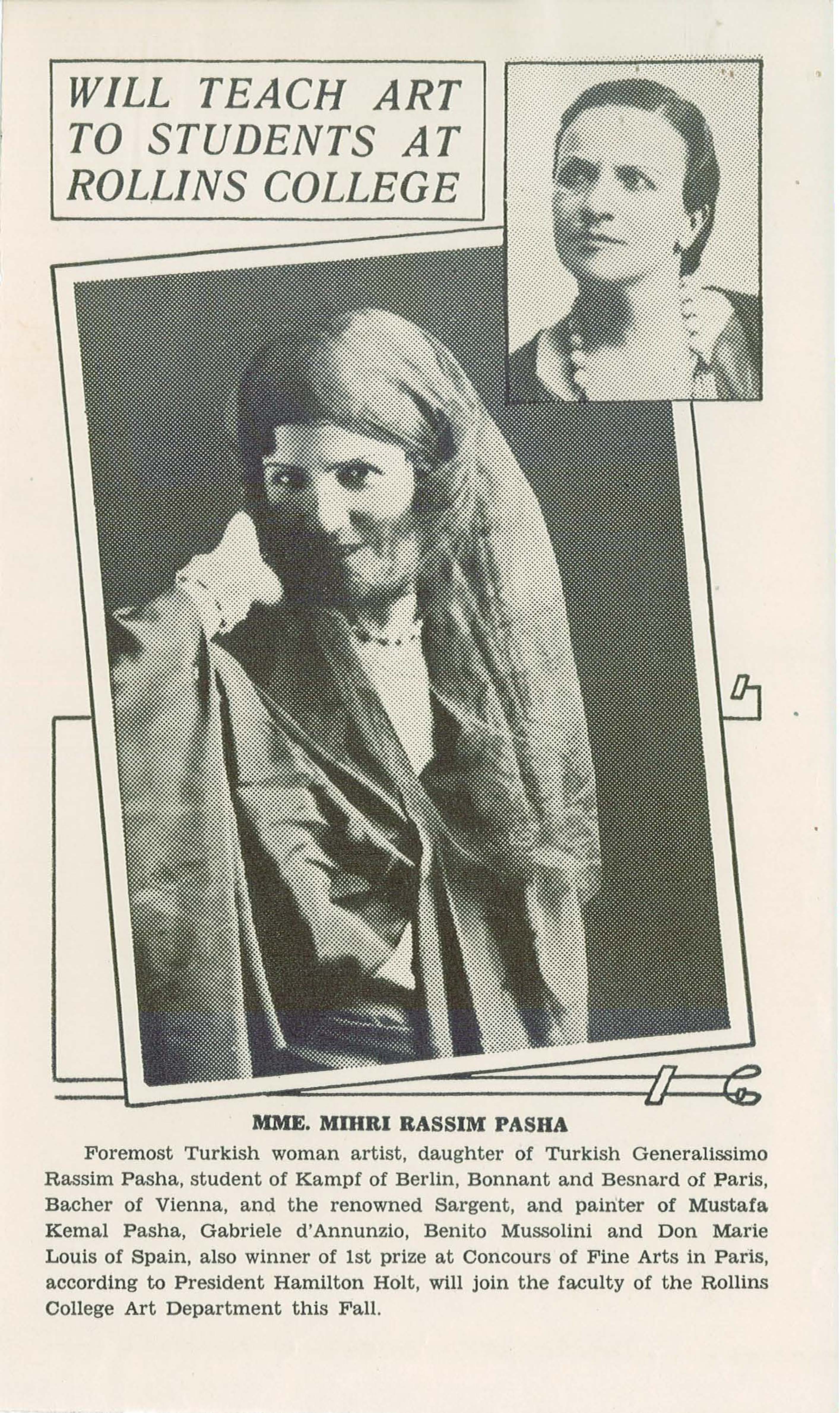 Mihri’nin ABD, Florida’daki Rollins College’ın Sanat Bölümü’nde ders vereceğine dair duyuru, 1931 Olin Library - Rollins College