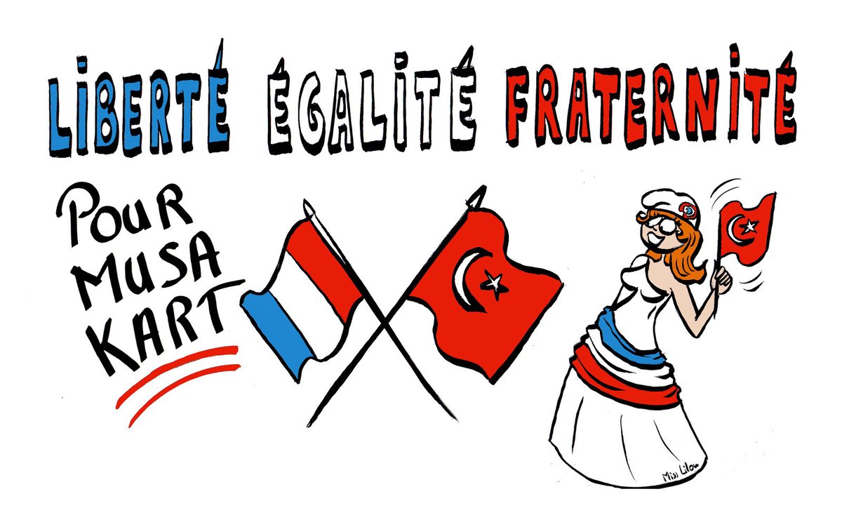 "Bayan Lilou" mahlasıyla karikatürler kaleme alan bir Fransız çizer, "Musa Kart için Özgürlük, eşitlik, kardeşlik" ifadeleri yer alan bir karikatür çizdi.