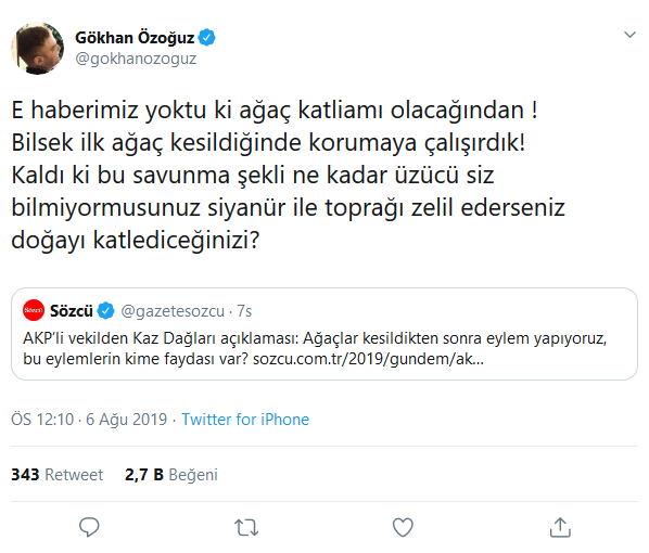 Gökhan Özoğuz’dan AKP'li Turan'a 'Kaz Dağları' tepkisi