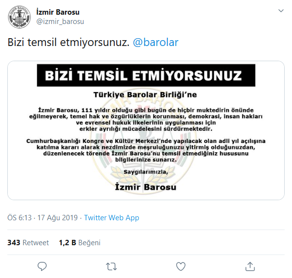İzmir Barosu'ndan TBB'ye yanıt: Bizi temsil etmiyorsunuz