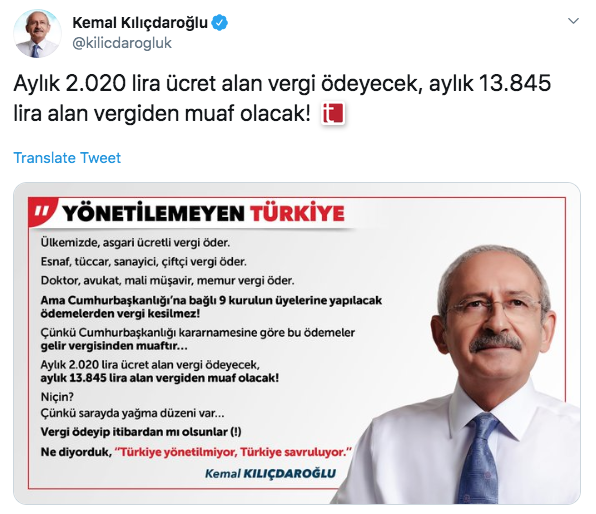 Kılıçdaroğlu: 2 bin 20 lira ücret alan vergi ödeyecek, 13 bin 845 lira alan vergiden muaf olacak, niçin?
