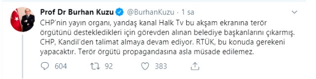 Burhan Kuzu'dan Halk TV'ye: RTÜK'ü göreve çağırıyorum