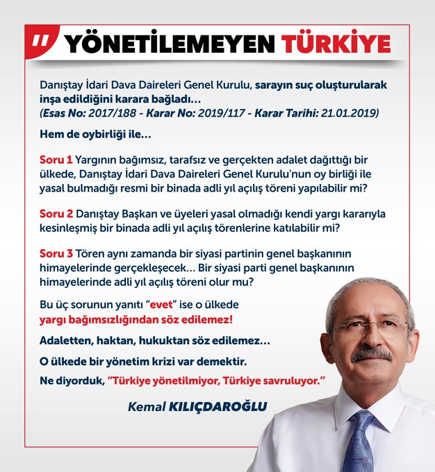 Kılıçdaroğlu: Bu 3 sorunun yanıtı “evet” ise o ülkede yargı bağımsızlığından söz edilemez