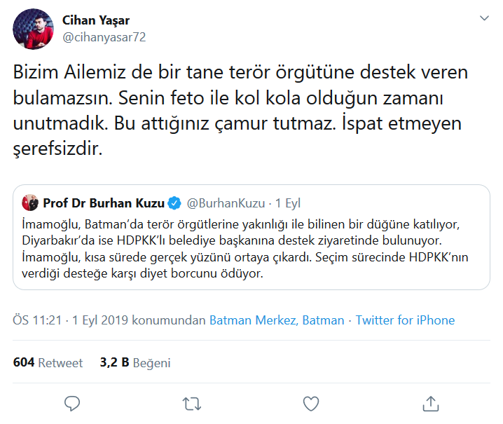 İmamoğlu'nun düğününe katıldığı Cihan Yaşar'dan Burhan Kuzu'ya: İspat etmeyen şerefsizdir