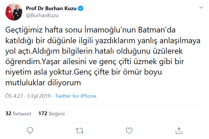 Burhan Kuzu, İmamoğlu'nun düğününe katıldığı Cihan Yaşar'dan özür diledi