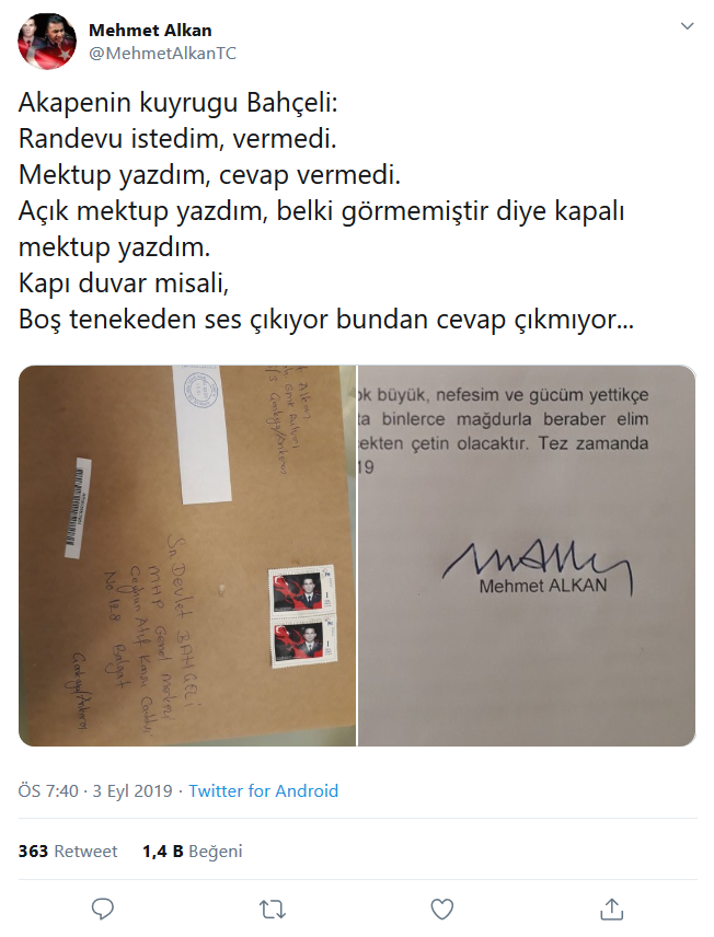 KHK ile ordudan atılan şehit ağabeyi Yarbay Mehmet Alkan'dan Bahçeli'ye mektup