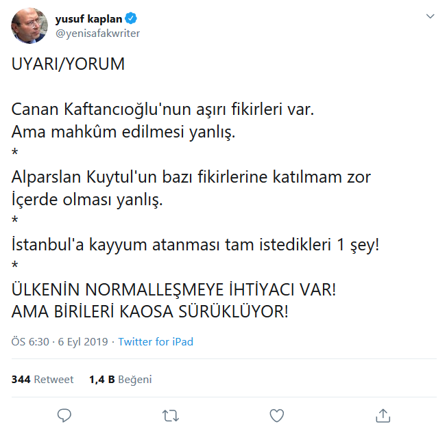 Yeni Şafak yazarı Kaplan: Kaftancıoğlu'nun mahkum edilmesi yanlış