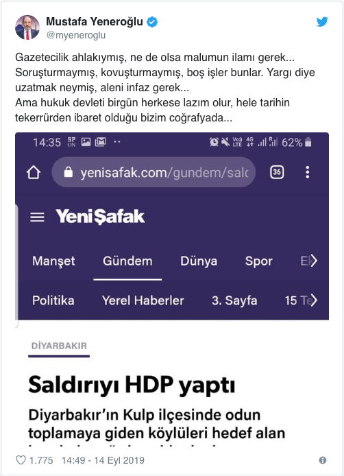 AKP'li Yeneroğlu'ndan "Kulp saldırısını HDP yaptı" diyen Yeni Şafak'a: Hukuk devleti bir gün herkese lazım olur