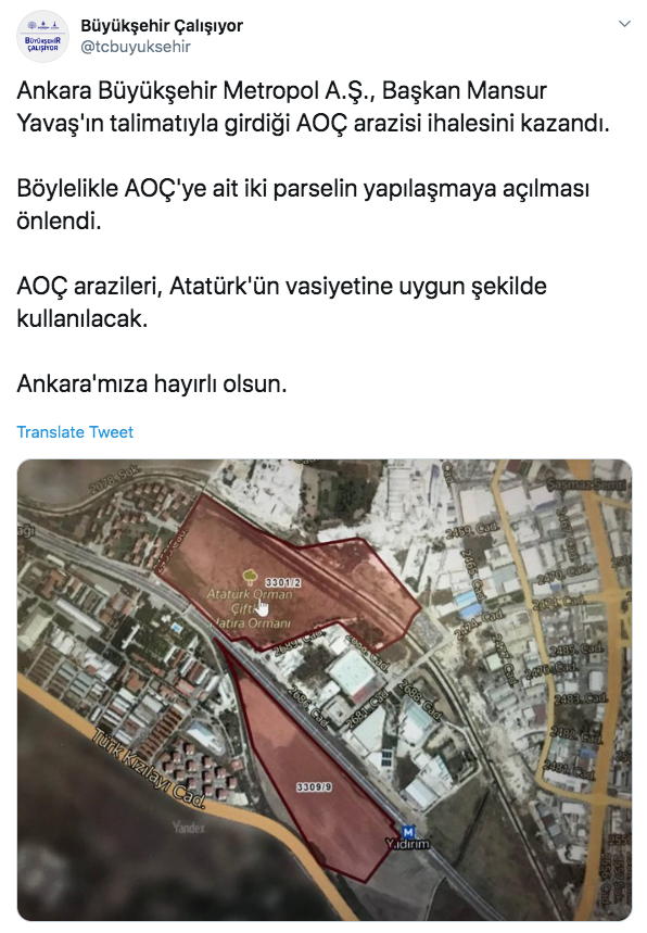 Ankara Büyükşehir Metropol A.Ş., Mansur Yavaş'ın talimatıyla girdiği Atatürk Orman Çiftliği arazisi ihalesini kazandı