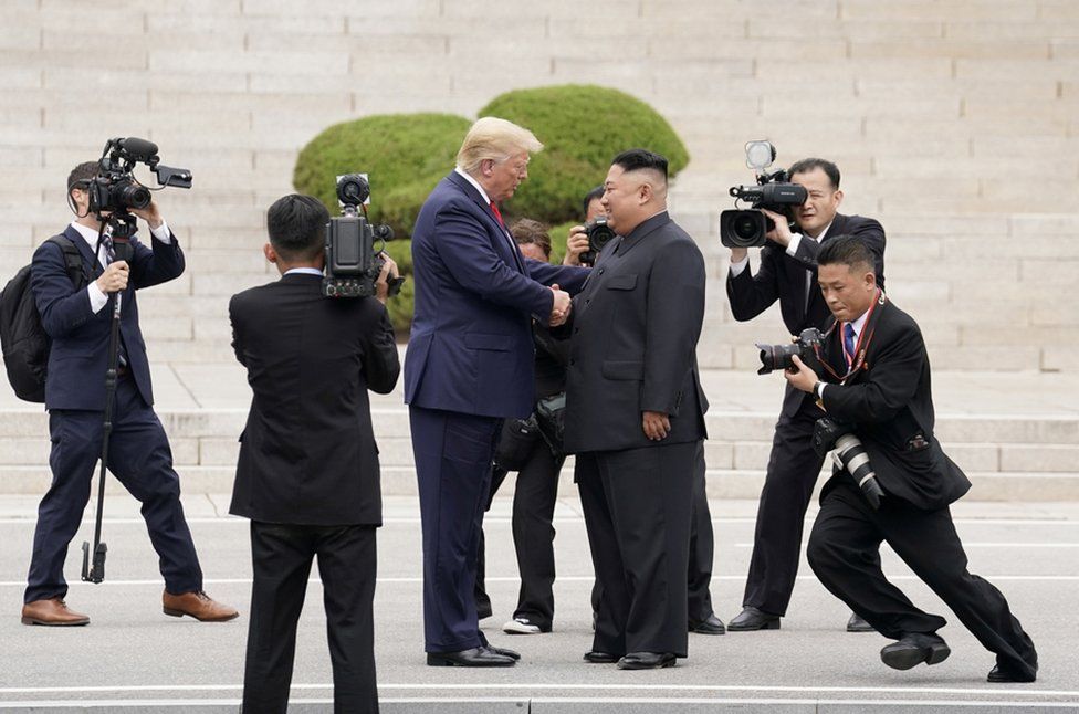 
                    President Trump met the North Korean leader, Kim Jong-un, at the demarcation line between North and South Korea on 30 June. The two men shook hands, with Mr Kim saying he had never expected to meet the president at this place. Mr Trump then crossed over into North Korea, the first US President to do so.
                