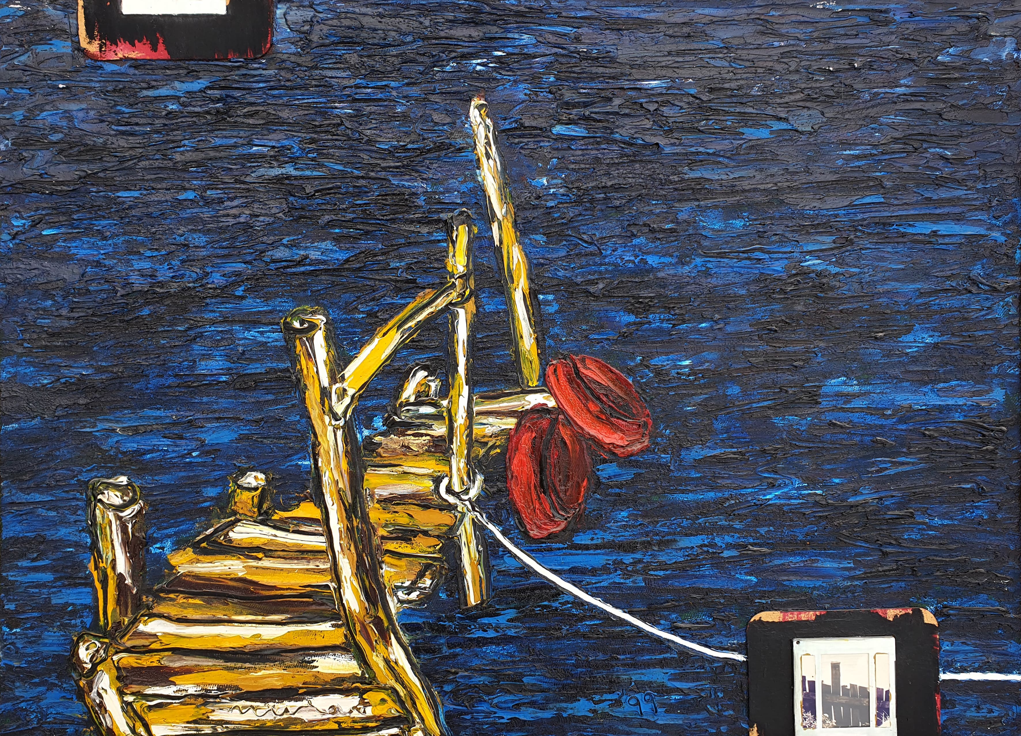 Murat Çelik, denize ağladım, 1999, tuvale yağlıboya, kolaj, 36x50 cm c-ötgün koleksiyonu