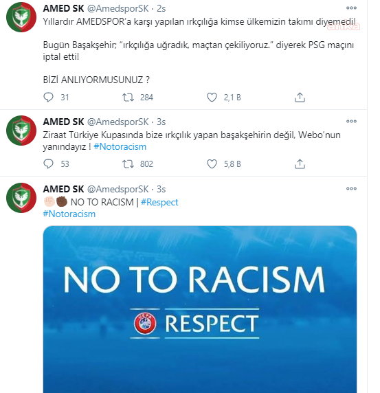 Bir tepki de Amedspor’dan: Bize ırkçılık yapan Başakşehir’in değil Webo’nun yanındayız