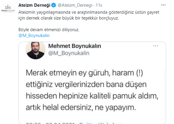 Ateizm Derneği'nden eski Ayasofya Baş İmamı Mehmet Boynukalın'a: Ateizmin yayılmasına katkılarınızdan dolayı size teşekkür borçluyuz